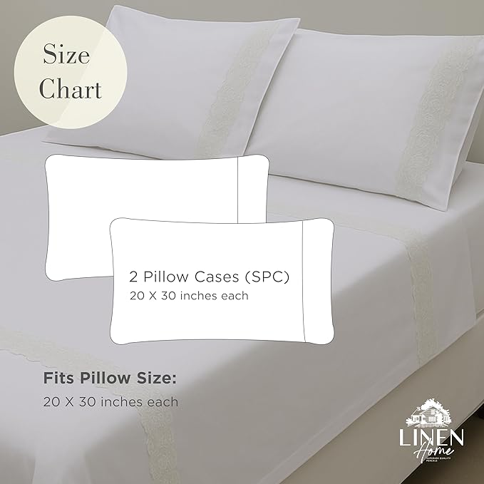 Linen Home 100% Cotton Percale Floral Scallop Lace Pillowcases Queen/Standard Size, White, 2 Pieces of Pillow Case, Crisp and Cool Strong Bed Linen, 20 inches X 30 inches