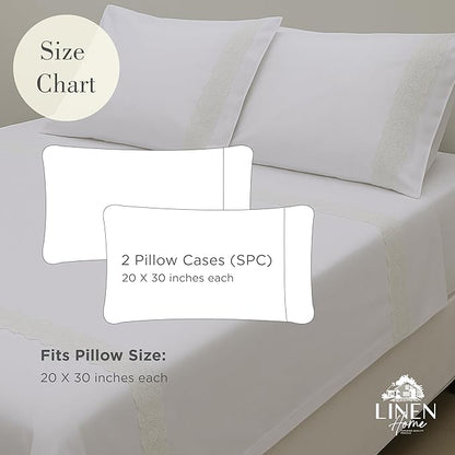 Linen Home 100% Cotton Percale Floral Scallop Lace Pillowcases Queen/Standard Size, White, 2 Pieces of Pillow Case, Crisp and Cool Strong Bed Linen, 20 inches X 30 inches