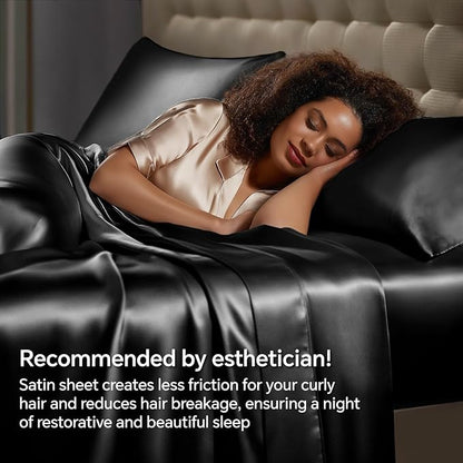 BEDELITE California King Sheets Set, Luxury Soft Black Satin Sheets for Hair and Skin, Similar to Silk Bed Sheets Set 4 Pieces with 1 Deep Pocket Fitted Sheet, 1 Flat Sheet, and 2 Pillowcases