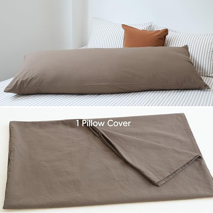 MooMee Body Pillow Cover Pillowcase with Zipper 100% Washed Cotton Linen Like Textured Breathable Durable Soft Comfy (Brown, 21”x54”, 1PC)