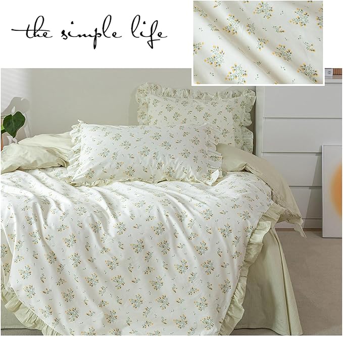 HighBuy Green Floral Comforter Set Twin XL Lace Ruffles Reversible Stripes Comforter Fluffy with 2 Pillow Shams Toddler Girls Boho Romantic Lace Coquette Bedding Set