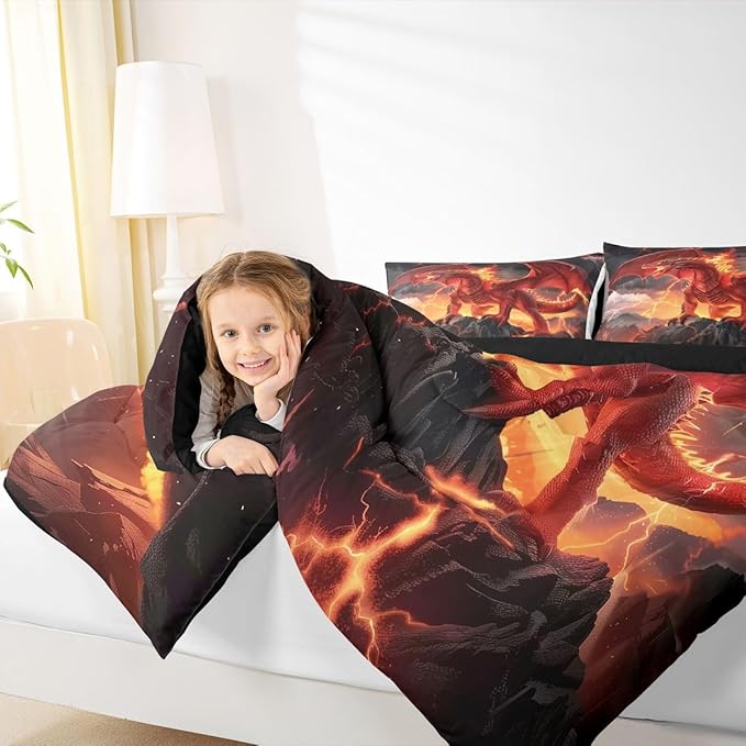 Castle Fairy Wild Animals Cool Magical Style Boys Girls Comforter Set Full Size,Dragon Duvet Set Teens Bedroom Decor,Red Flame Dragons Microfiber Soft Bedding 3PCS