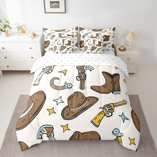 Erosebridal Cowboy Hat Men Bed in a Bag King Size Comforter Set 7 Pieces,Cowboy Boots Bedding Sets Hunting Western Decor Sheet Set with Comforter