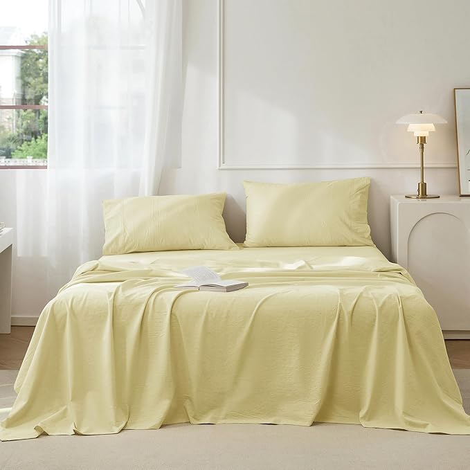 JIYUAN California King Size Sheet Set, 4-Piece - 100% Washed Cotton, Linen-Like Soft & Breathable, Includes Deep Pocket Fitted & Flat Sheet with 2 Pillowcases, Hotel Quality, Solid Light Yellow