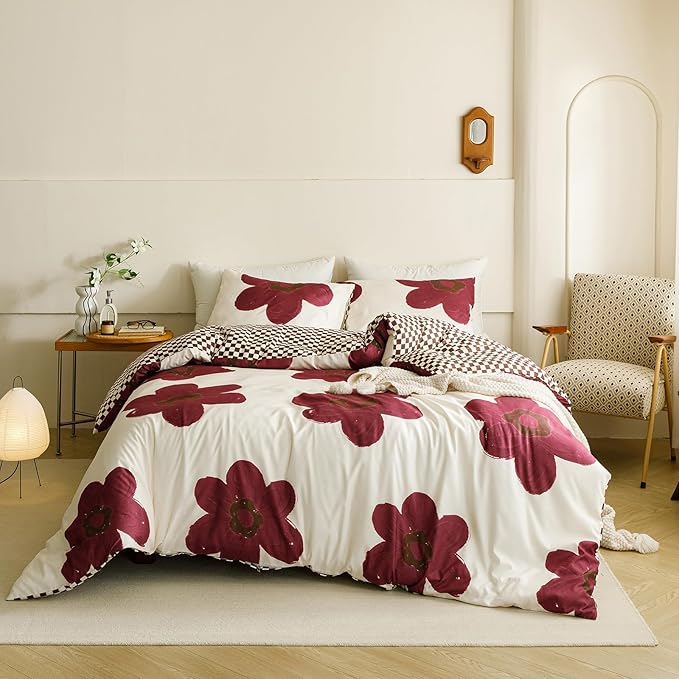KAREVER Burgundy Floral Comforter Queen White with Burgundy Flower Bedding Set 3 PCs Comforter Set Queen Size Comforter (90x90 Inches) with 2 Pillowcases (26x26 inches)