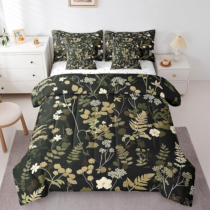 Castle Fairy Botanica Leaves 7 Pieces Bedding Set Twin Bed in a Bag,Wild Plants Retro Jungle Flowers Comforter Set for Be3droom Decor,Retro Farmhouse Style Soft Warm Microfiber Bedding