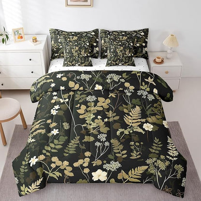 Castle Fairy Botanica Leaves 7 Pieces Bedding Set Twin Bed in a Bag,Wild Plants Retro Jungle Flowers Comforter Set for Be3droom Decor,Retro Farmhouse Style Soft Warm Microfiber Bedding