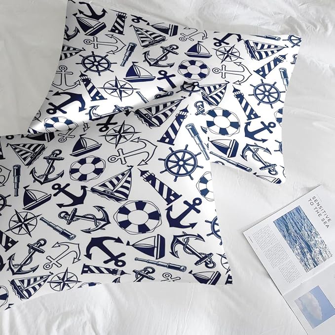 Comforter Set Full Size, Nautical Anchors Navy Blue 7 Pcs Bedding for Kids and Adults, Retro Sailor Lighthouse Bed Sheet Sets with Fitted Sheet 2 Pillowcase & 2 Sham for Bedroom Bed Decor