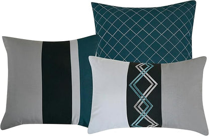 Chezmoi Collection Arden 7-Piece Modern Pleated Stripe Embroidered Zigzag Bedding Comforter Set (Oversized King, Teal/Black/Gray)