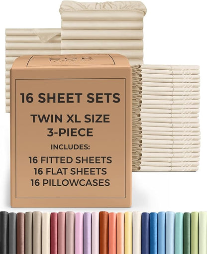 Bulk Case Pack of 16 Sheet Sets - (16) Complete Twin XL Size Sheet Sets with Deep Pockets - Wholesale Bulk Bedding for Hotels, Spas & Airbnbs - Breathable, Cooling & Wrinkle Free - (Twin XL, Wheat)