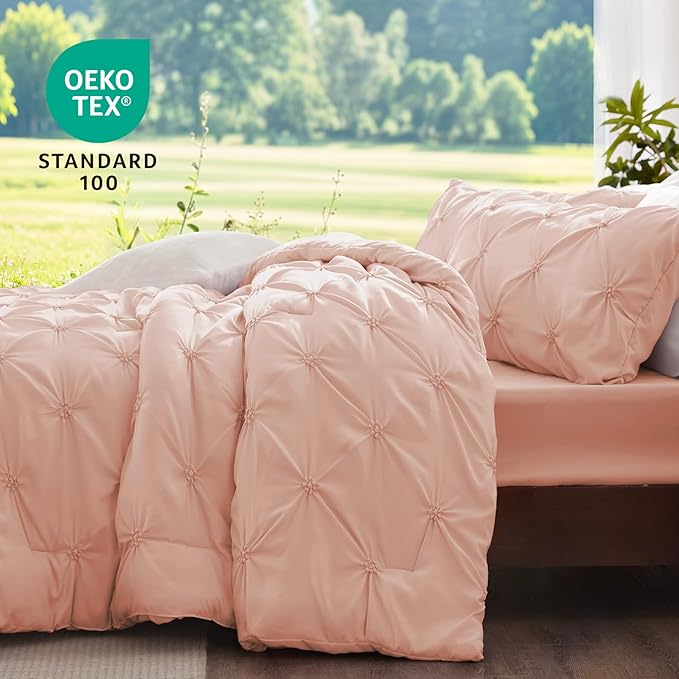 BEDELITE Dusty Pink King Size Comforter Set - 3 Pieces Boho Pintuck Bedding Comforter Sets, Lightweight Soft & Warm King Bedding Set with 2 Pillowcases for All Season