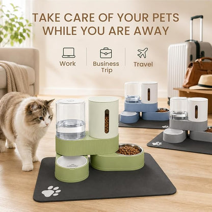 Gravity Cat Feeder 2 Pack Automatic Food Feeder and Water Dispenser Set Detachable Pet Bowl with Silicone Mat for Cats Small Medium Dogs, Large Capacity(Green)