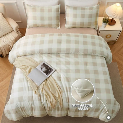 Andency Beige Grid Comforter Set Queen Size (90x90 Inch), 3 Pieces(1 Grid Comforter and 2 Pillowcases), Summer Lightweight Microfiber Down Alternative Beige Comforter