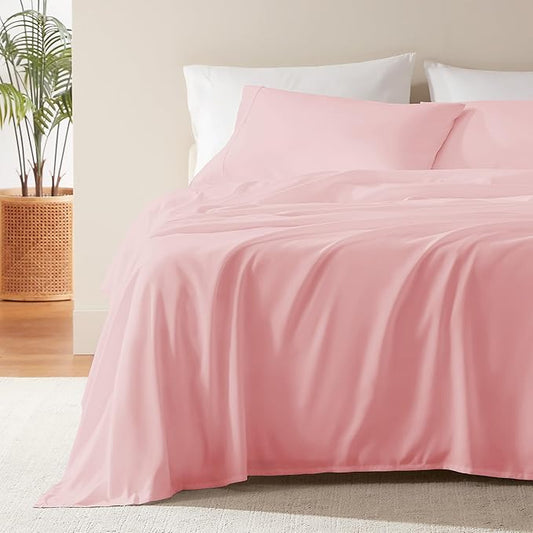 SLEEP ZONE Nanotex Super Soft Cooling King Bed Sheets Set 4 Piece - Easy Care Fitted Flat Sheet & Pillowcase Sets - Wrinkle Free, Fade Resistant, Deep Pocket 16" (Ballet Pink, King)