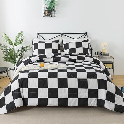 Caressma Black White Comforter Set Twin Size, Checkered Plaid Comforter Bedding Set, Fluffy Grid Plaid Comforter Home Decor for All Seasons