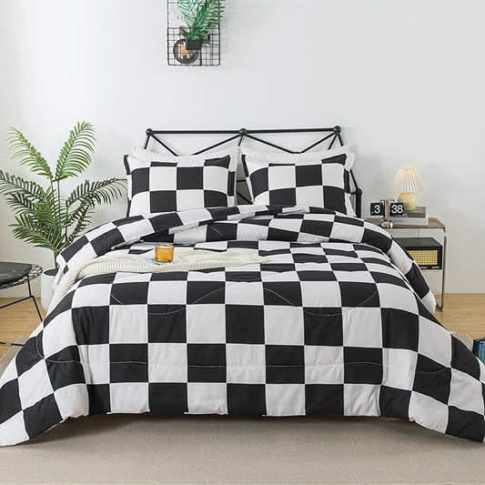 Caressma Black White Comforter Set Twin Size, Checkered Plaid Comforter Bedding Set, Fluffy Grid Plaid Comforter Home Decor for All Seasons