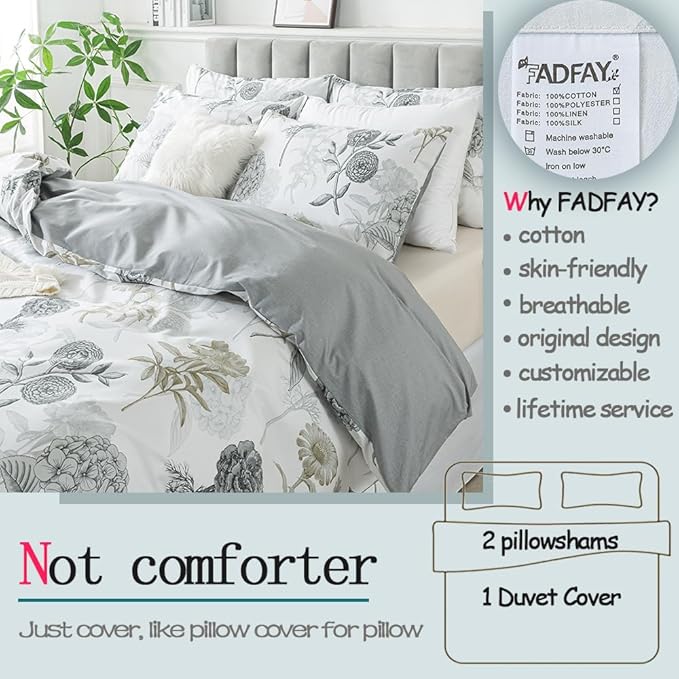 FADFAY Floral Duvet Cover Sets King/Cal King 100% Cotton Ink Grey Vintage Flower Patterned Hydrangea Comforter Cover Farmhouse Bedding for All Season Soft Crisp Luxury Bed Cover with Zipper 3 Pieces