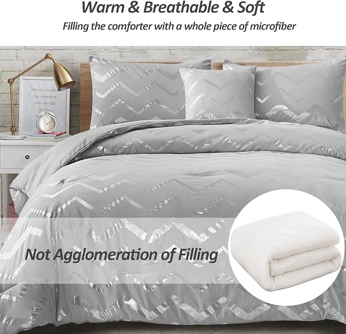 Menghomeus Grey and Silver Comforter Set Queen/Full Metallic Print Geometric Bed Comforter 4 Pieces Soft Microfiber Bedding for Teen Kids Boys (2 Pillow Shams + 1 Decorative Pillow Sham)