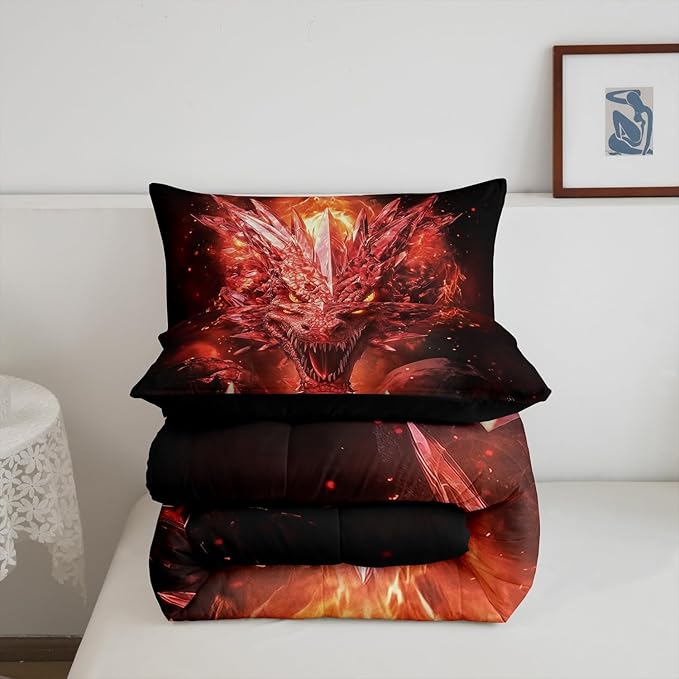 Castle Fairy Dragon Bed Comforter Set Queen Size,Flames Dragon Super Soft Microfiber Bedding Set for Adults Teens,Western Fierce Animals Comforter Set,2 Pillowcases