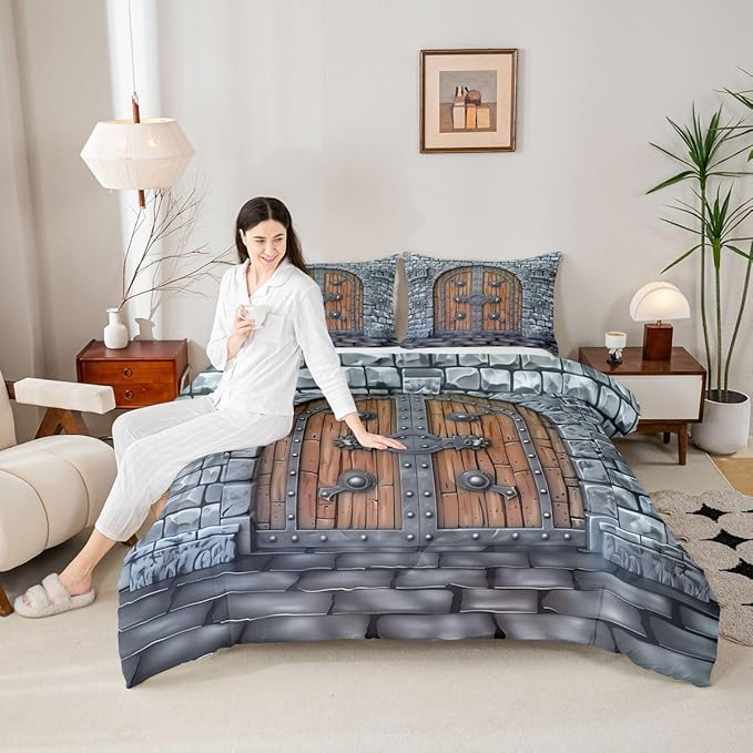 Castle Walls Comforter Set Toddler Size 2 Pcs,Medieval Themed Bedding Set,Knight Wall Quilt Set for Child Bedroom,Duvet Insert,1 Pillowcase