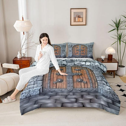 Castle Walls Comforter Set Toddler Size 2 Pcs,Medieval Themed Bedding Set,Knight Wall Quilt Set for Child Bedroom,Duvet Insert,1 Pillowcase