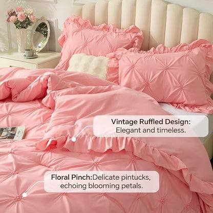 BEDELITE Pink King Size Comforter Set - 3 Pieces Boho Ruffle Pintuck Bedding Comforter Sets, Lightweight Soft & Warm King Bedding Set with 2 Pillowcases for All Season