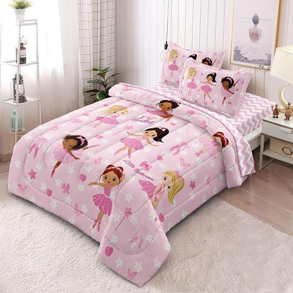 Full Bedding Set for Girls Kids 5 Pieces Comforter Sets Bed in a Bag Pink Floral Ballerina Bedding Comforter Sheet Set Cute Bedroom Decor