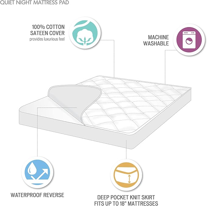 Madison Park Full Mattress Protector Pad Waterproof Bed Cover, Breathable 300TC Sateen Cotton, Diamond Quilted Topper, Quiet Nights, Fitted Pocket Fits Up to 18 Inch, Machine Washable, White
