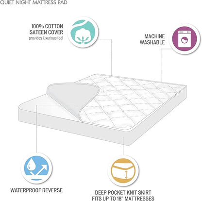 Madison Park Queen Mattress Protector Pad Waterproof Bed Cover, Breathable 300TC Sateen Cotton, Diamond Quilted Topper, Quiet Nights, Fitted Pocket Fits Up to 18 Inch, Machine Washable, White
