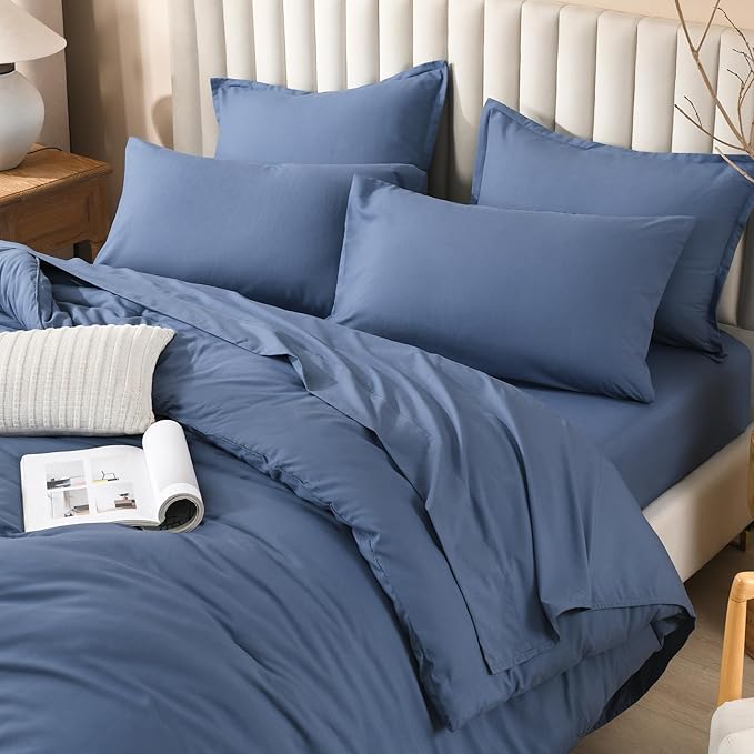 Litanika California King Comforter Set Ocean Blue - 7 Pieces Bed in a Bag Cal King Bedding Comforter Sets, Plain Lightweight Bed Set with Comforter, Sheets, Pillowcases & Shams