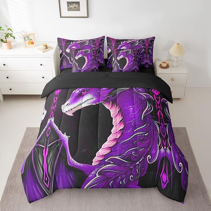 Erosebridal 3D Dragon Bed in a Bag King Size Comforter Set 7 Pieces,Vintage Gothic Purple Dragon Bedding Sets Antique Wildlife Mythical Animal Sheet Set with Comforter