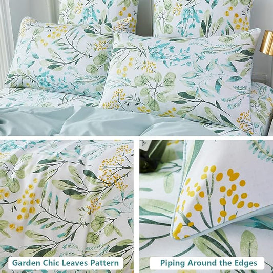 WINLIFE 100% Cotton Pillowcases Queen 2 Pack Garden Leaf Printed Pillow Cases Bed Deocrative Pillow Cover Set of 2 (Queen, Garden Leaves)