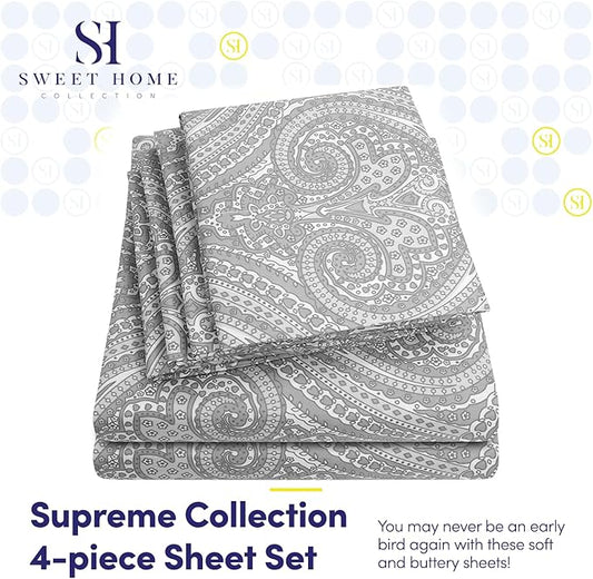 Twin Size Bed Sheets - 4 Piece 1500 Supreme Collection Fine Brushed Microfiber Deep Pocket Twin Sheet Set Bedding - 1 EXTRA PILLOW CASES, GREAT VALUE, Twin, Paisley Gray