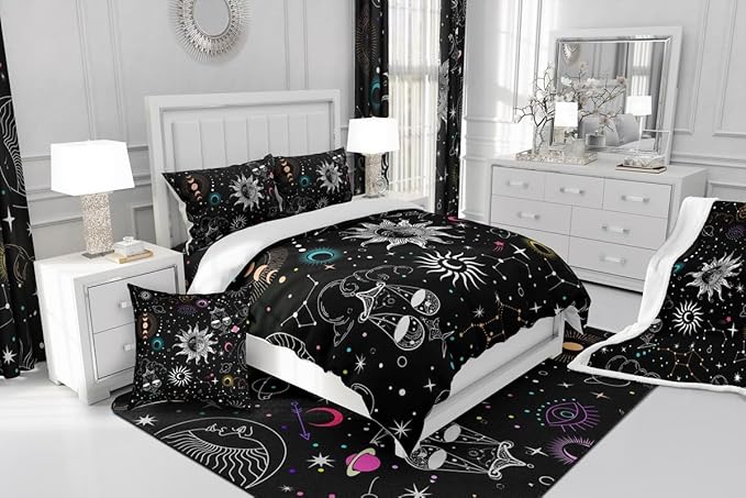 Bohemian Sun Moon Comforter Set Queen Trippy Stars Style Bedding Sets For Kids Teens Zodiac Libra Pattern Duvet Insert Universe Planet Bedding Boho Moon Phase Bedding Comforter Set Home Decor, Black