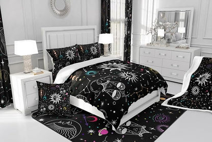 Bohemian Sun Moon Comforter Set Queen Trippy Stars Style Bedding Sets For Kids Teens Zodiac Libra Pattern Duvet Insert Universe Planet Bedding Boho Moon Phase Bedding Comforter Set Home Decor, Black