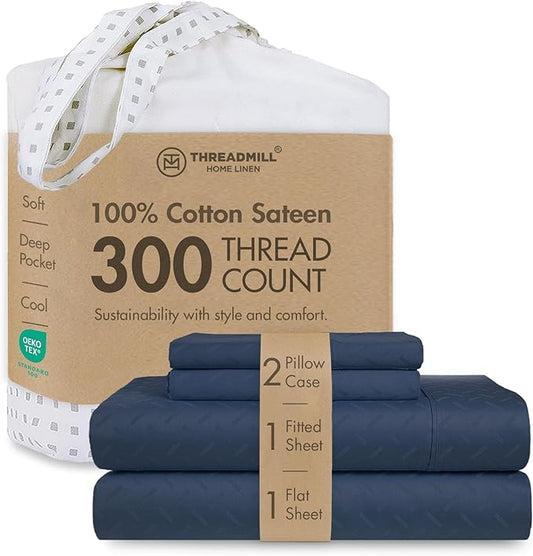 Threadmill Cotton Full Size Sheet Set | 100% Cotton Sheets for Full Size Bed | Damask Jacquard Full Bed Sheets Set with 16” Deep Pocket | Soft Sateen Weave 4-Piece Cooling Bedding Set | Folkstone Blue