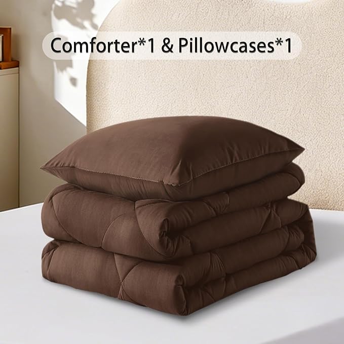 3-Piece Twin Comforter Set,All-Season,Soft & Hypoallergenic &Breathable Bedding,Polyester Quilted,Down Alternative(Comforter*1 & Pillowcases*1),Chocolate