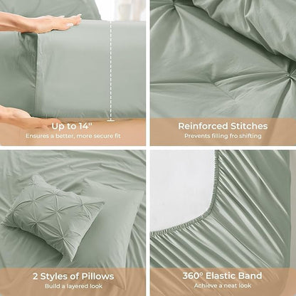 Sasttie King Size Comforter Set, 7-Piece Bed in a Bag, Pintuck Bedding Sets for All Season, Includes Comforter, Flat Sheet, Fitted Sheet, Pillowcases and Pillowshams, Dusty Green