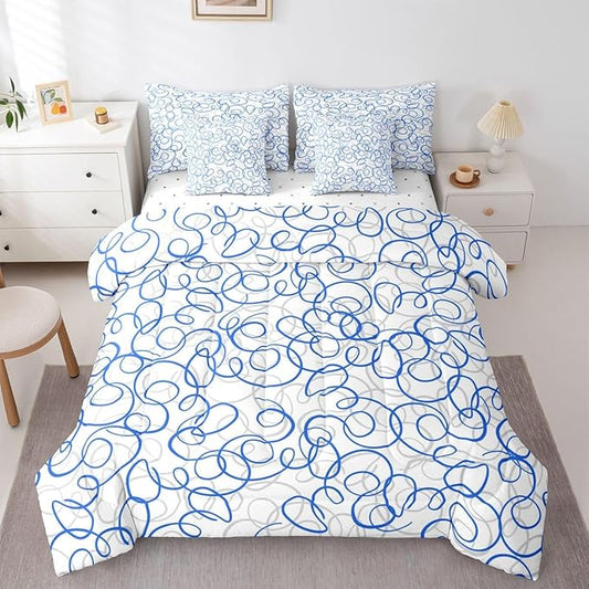 Erosebridal Blue White Geometric 7 Piece Comforter Set Twin Abstract Line Modern Art Bedding Set for Kids Teens Boys Chic Swirls Bed in A Bag Texture Artwork Sheet Set Bedroom Decor
