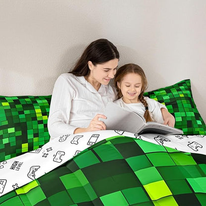 Pixelated Blocks Miners Kids Comforter Set Queen Size,Video Games Game Gamepad Bedding Set,Girl Boy Room Decor,Geometric Grid Patchwork Quilt Comforter,Green Duvet Set Bedroom Quilt Set,2 Pillowcases