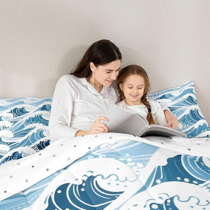 Erosebridal Sea Waves Comforter Set King Size Ukiyo-E Bedding Set for Kids Men Women Geometric Japanese Style Navy Blue White Comforter Warm Soft Quilt Insert
