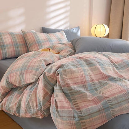 Plaid King Bedroom Comforter Set Soft Washed Cotton Bedding Set Down Alternative Fluffy Boho Machine Washable Bedding Comforter Sets Cute Aesthetic Puffy Rustic Bed Comforter with 2 Pillowcases