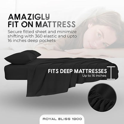 Royal Bliss Split California King Sheet Set - 1900 Ultra-Soft Microfiber Cal King Bed Sheets - Double Brushed - Deep Pockets - Easy Fit - 5 Piece Set - Bed Sheets -Ultra Soft (Black)