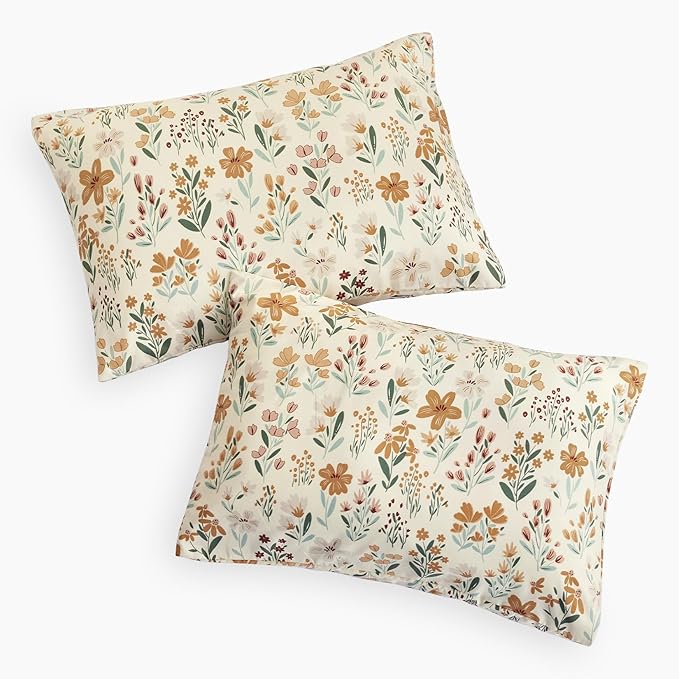Wake In Cloud - Floral Pillow Cases, Botanical Flower Coquette Cottagecore Shabby Chic Aesthetic, Set of 2 Soft Pillowcases Pillow Shams Covers, Orange Cream, Standard Size 20x26 Inches