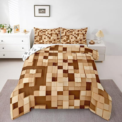 Pixelated Kids Bedding Set King Size,Patchwork Grid Video Games Comforter Set,Miners Lattice Simple Quilt Comforter,Light Brown Bedroom Duvet Insert,2 Pillowcases