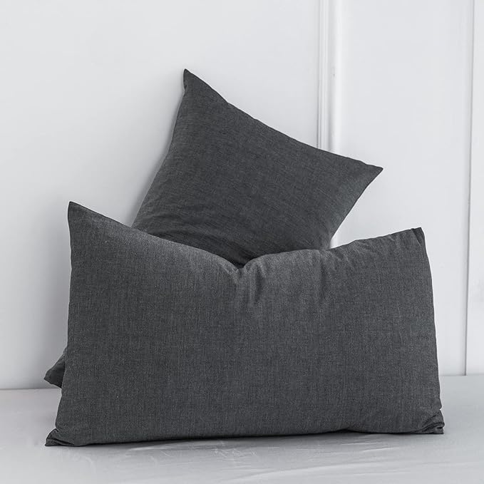 MooMee Bedding Pillowcases Pack of 2 100% Washed Cotton Linen Like Textured Breathable Durable Soft Comfy (Heathered Dark Grey, King)