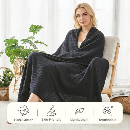 EMME Cotton Muslin Queen Blanket Bed Layering Breathable Gauze Blanket Soft Lightweight Blankets Adults (Black, 90"x90")