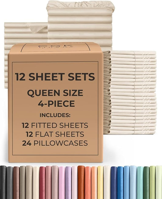 Bulk Case Pack of 12 Sheet Sets - (12) Complete Sheet Sets - Bulk Queen Bedding - Wholesale Case Pack for Hotels, Spa & Airbnbs - Deep Pocket, Fade & Wrinkle Free - Cooling & Breathable - Queen, Cream