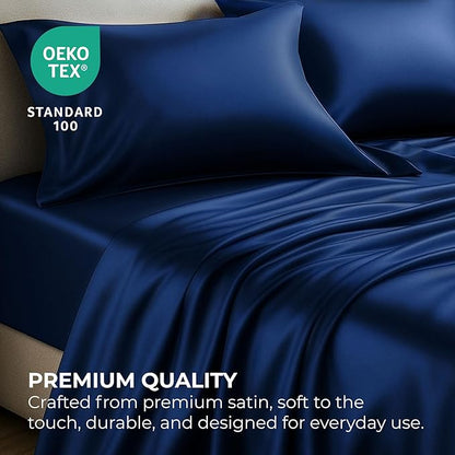 Pure Bedding Satin Sheets King [4-Piece, Navy] Hotel Luxury Silky Bed Sheets Extra Soft 1800 Microfiber Sheet Set, Wrinkle, Fade, Stain Resistant - Deep Pocket Fitted Sheet, Flat Sheet, Pillow Cases