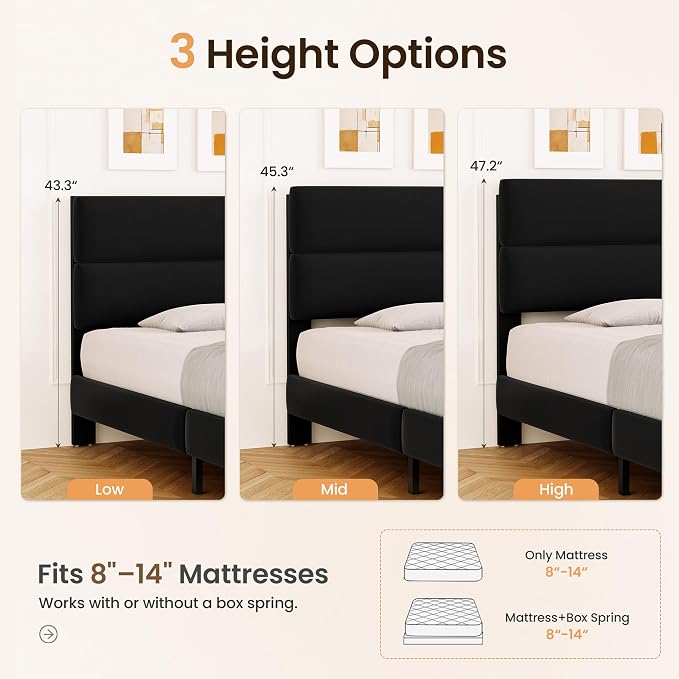 GRUSIGN King Size Platform Bed Frame with Velvet Headboard, Adjustable Height Wooden Slats Support, Upholstered Mattress Foundation, Fits Mattress or Mattress with Box Spring, Easy Assembly, Black